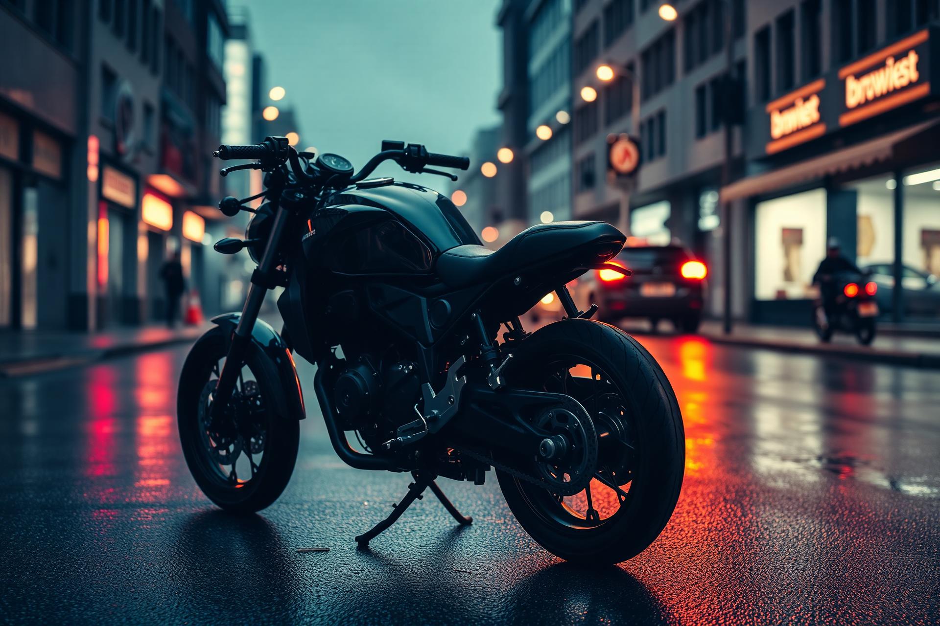 125cc naked motorcycle on wet city street at dusk